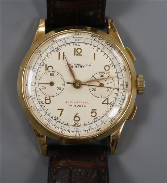 A gentlemans Swiss 18ct gold chronograph manual wind wrist watch.